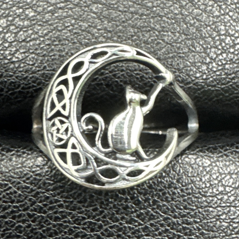 New Condition Sterling Silver Kitty Cat Crescent Moon Ring 925 Size 7 E11